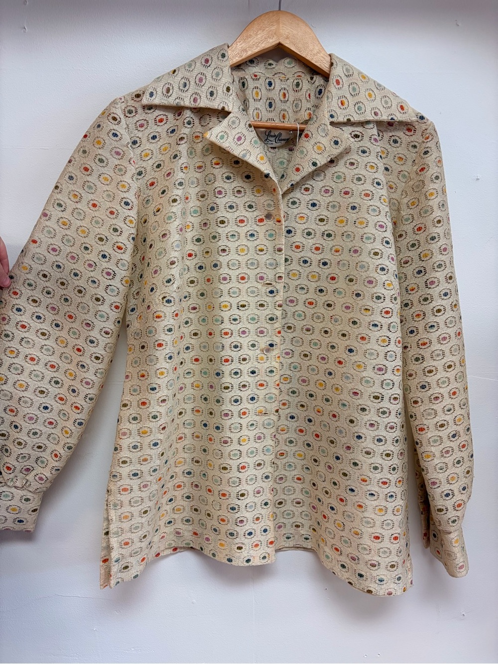 Vintage 1970’s Louis Chaney cream lace button down blouse colorful polka dots